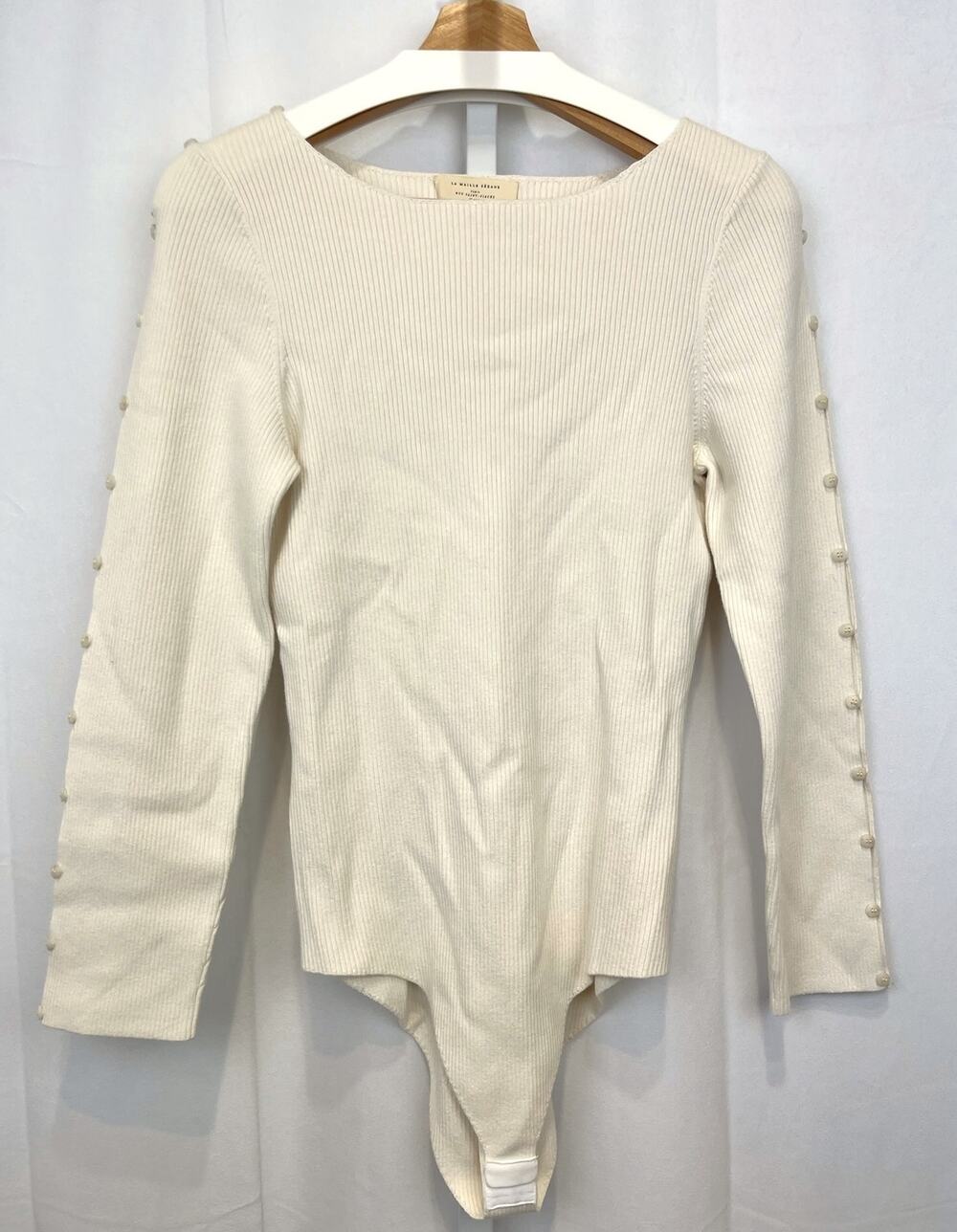 SEZANE Grace Bodysuit Sweater Top Button Long Sleeve Cream Off White Size XL